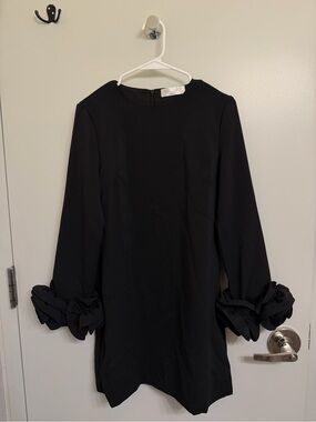 Black Long-Sleeve Mini Dress with Ruffle / Rose Cuffs NWOT